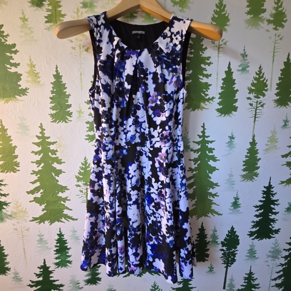 Express Women's Floral Dress - Black and Blue